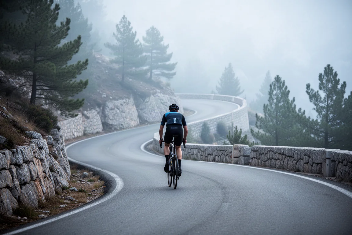 Cyklist som klättrar på en slingrande bergsväg i morgondis