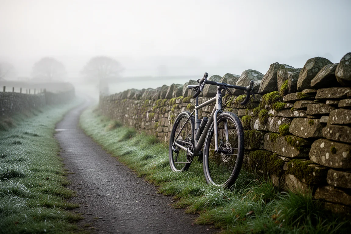 Gravel bike resting against a mossy stone wall on a quiet country lane at dawn