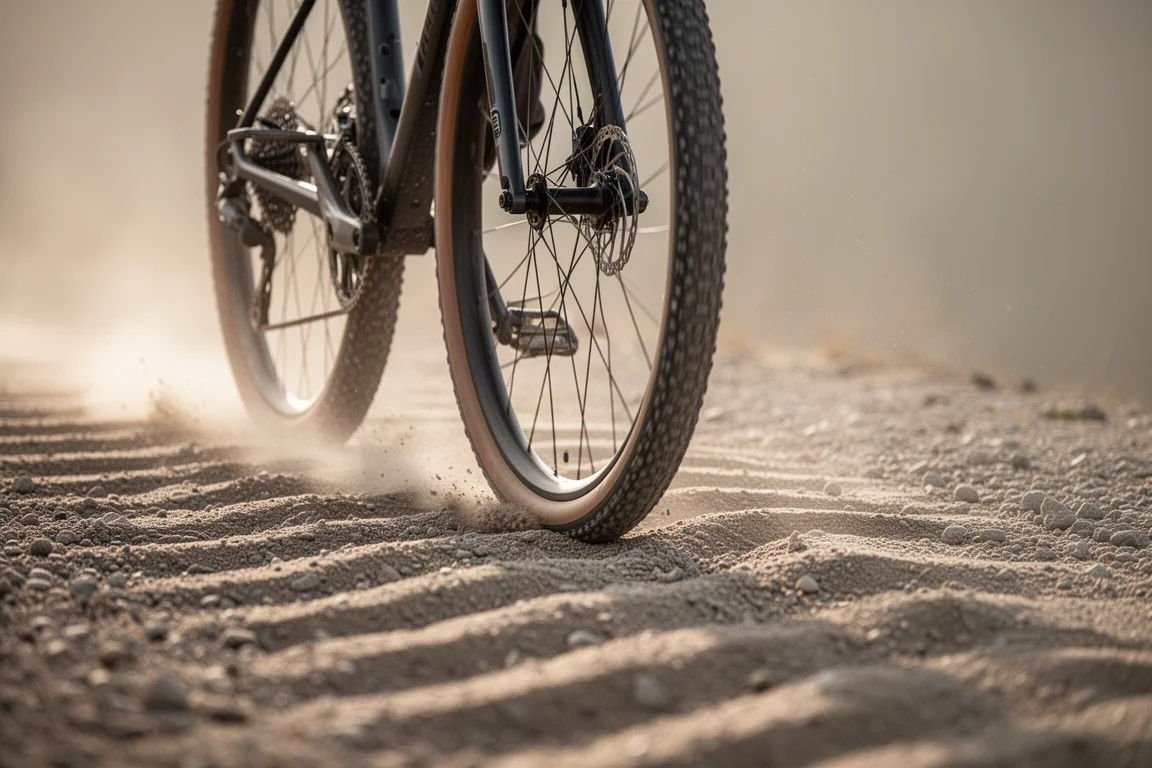 Close view of a gravel bike front wheel rolling over washboard gravel with dust rising