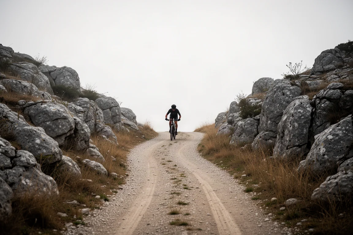 Gravel cyclist climbing a steep rocky track silhouetted against a pale sky