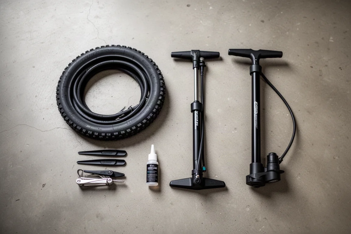 Overhead flat lay of tubeless tire, track pump, sealant and tools on concrete