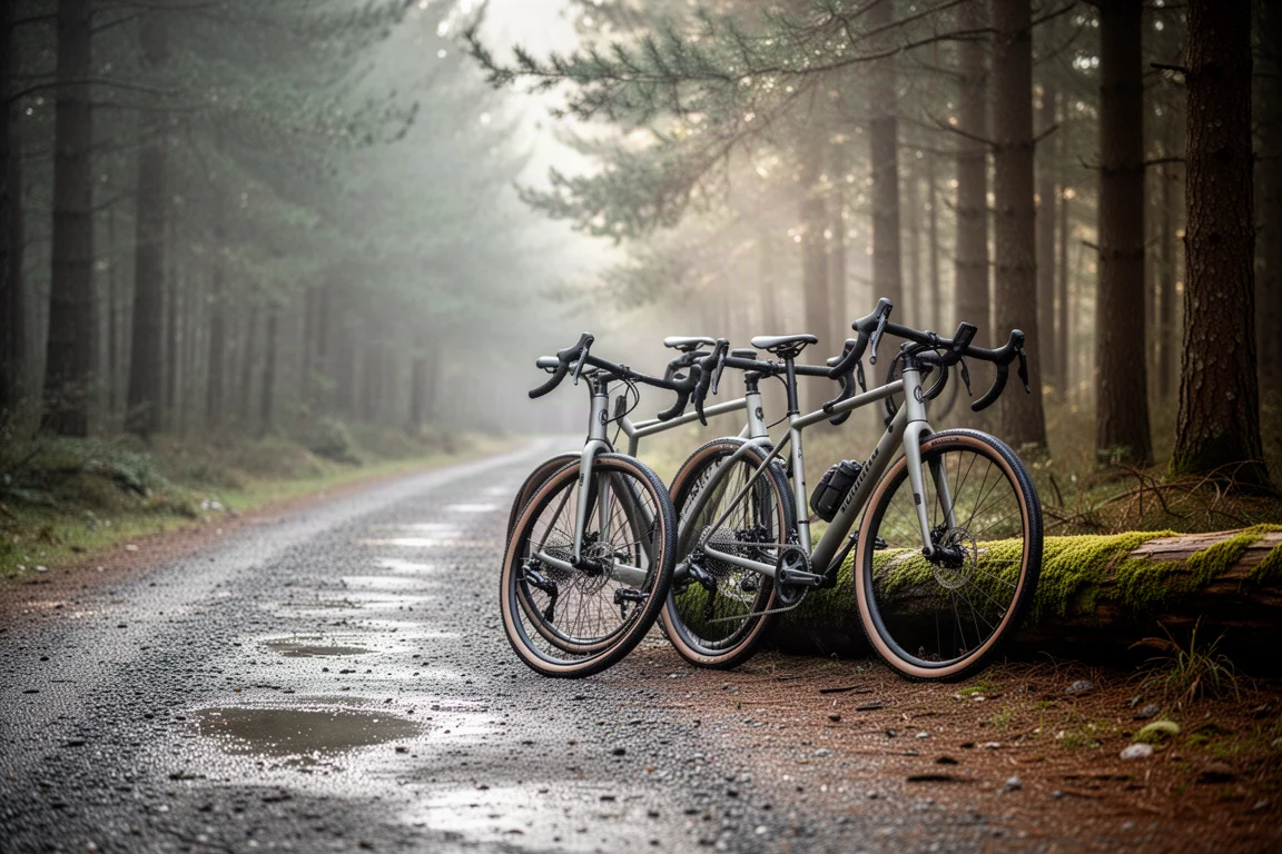 Twee identieke gravelbikes leunen tegen een met mos bedekte boomstam op een bospad in het ochtendlicht