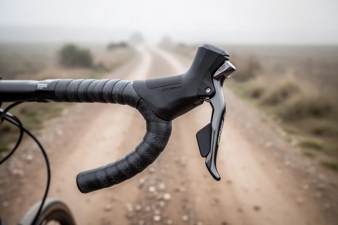 Close-up van een mechanische shifter-hood en hydraulische remhendel op een gravelbike met racestuur