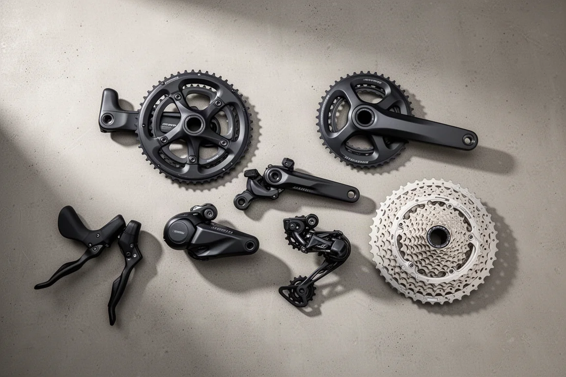 Three bicycle groupset component sets laid out on a concrete surface