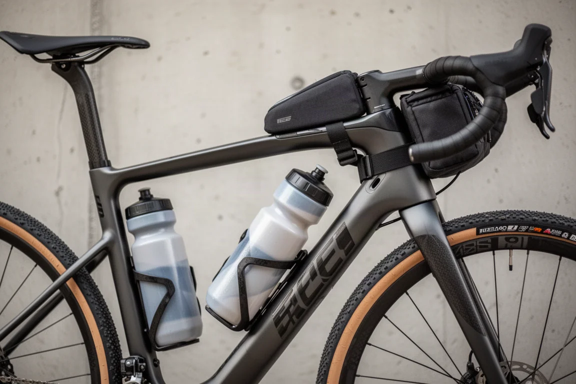 Närbild på en aerodynamisk gravelram med integrerad cockpit och sidomonterad flaskhållare