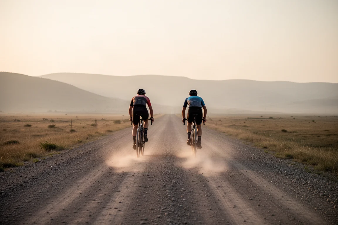 Gravel cyclists riding a wide open gravel road in warm evening light