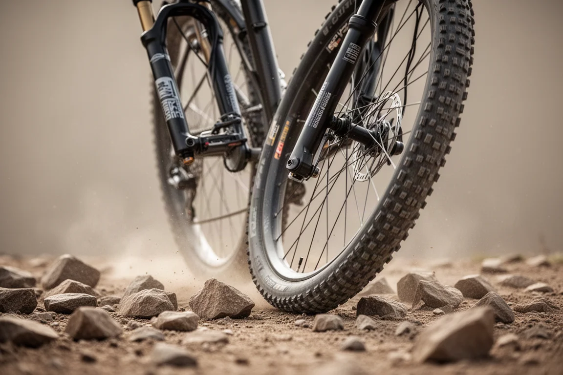 Close-up of a gravel bike suspension fork and knobby front tire on rough stones