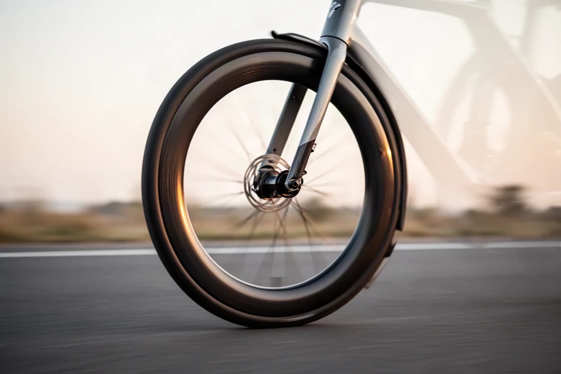 Carbon gravel wheel and smooth tire on fast tarmac at dawn