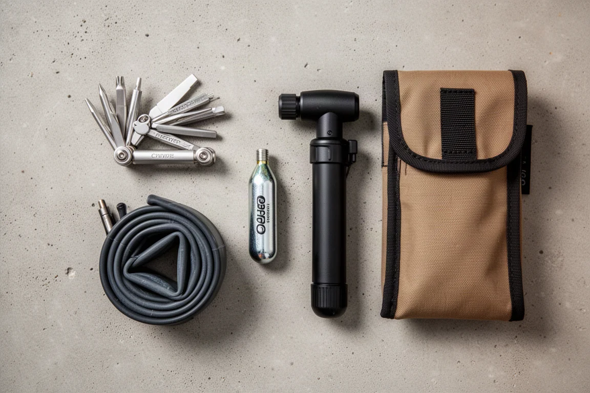 Overhead flat lay of gravel riding tools and spares on concrete