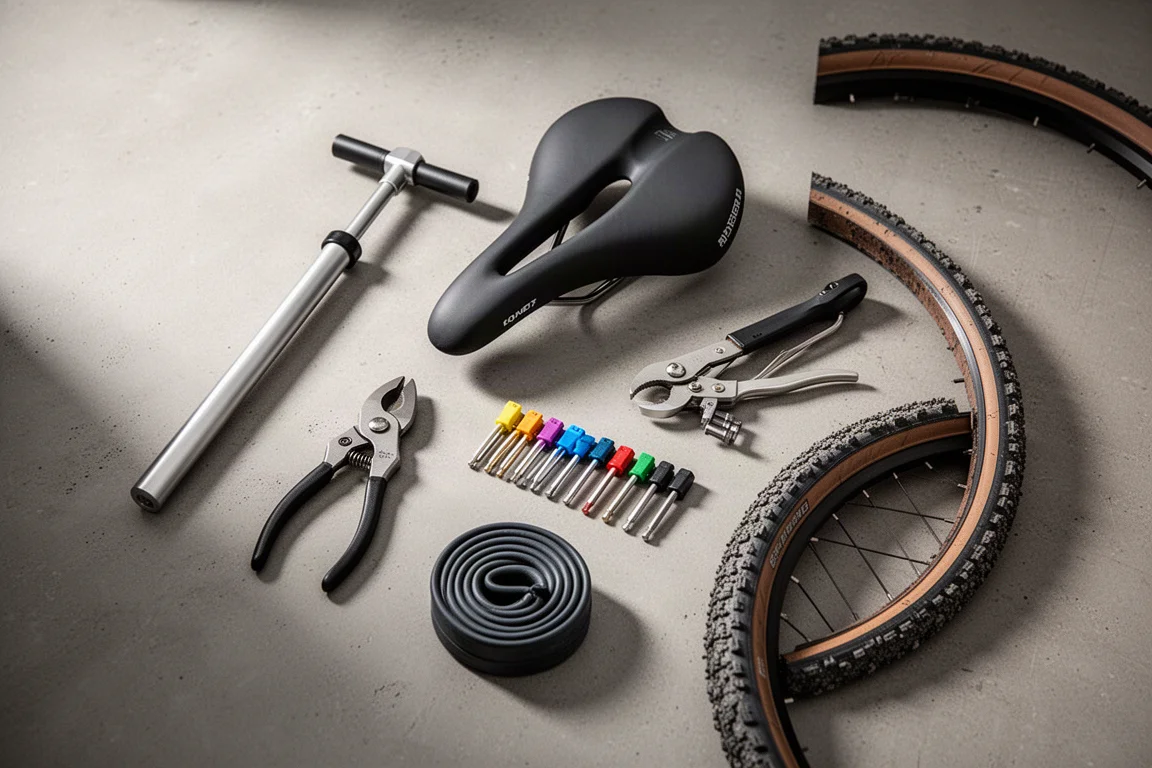 Hand pump, short-nose saddle, cable cutters, hex keys, inner tube, and gravel wheel rim on concrete