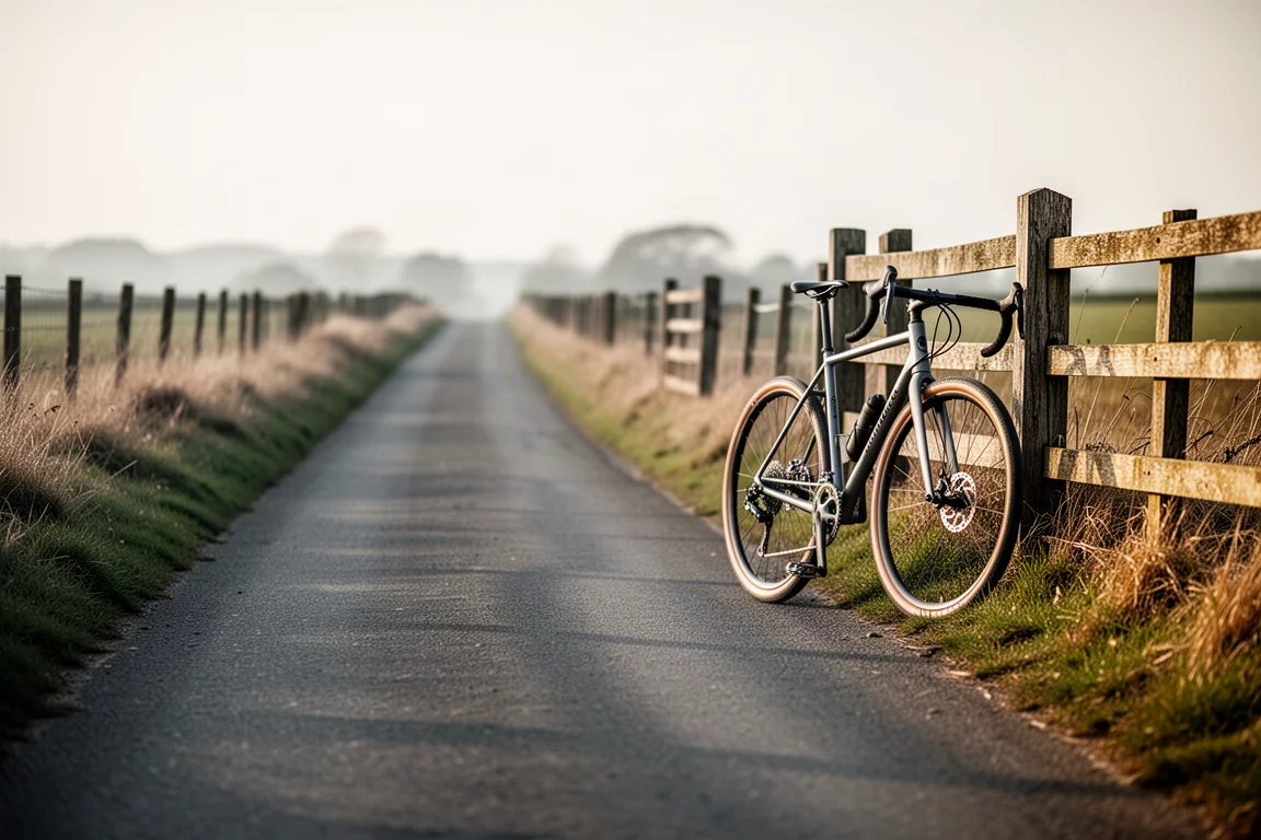 Gravel bike leaning against a wooden fence on an empty country lane