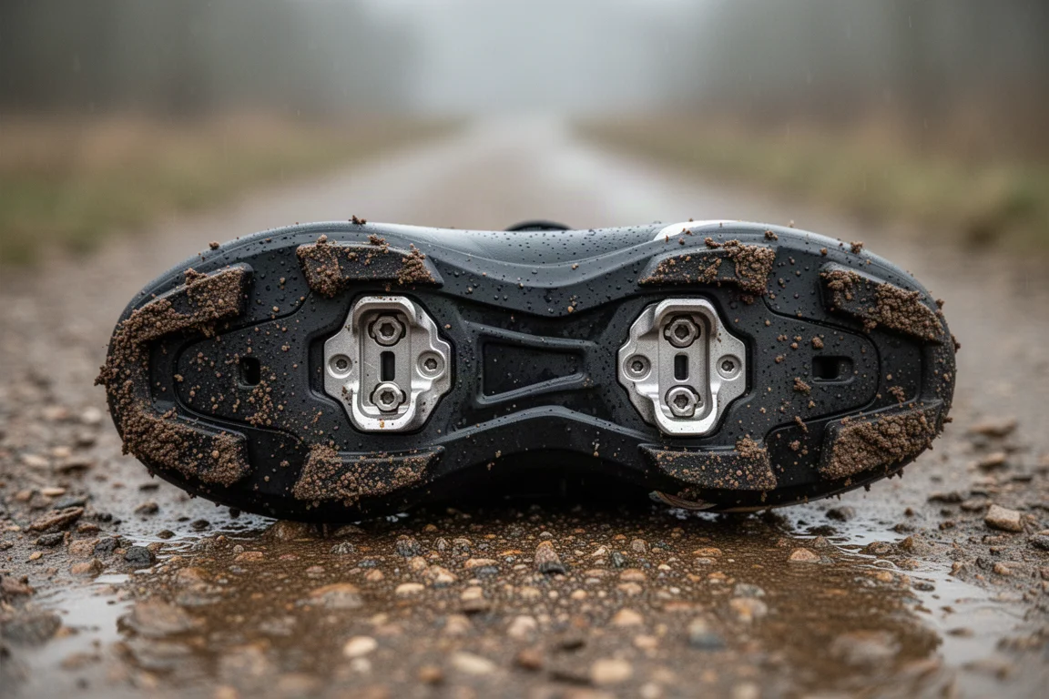 Muddy two-bolt cycling shoe sole with a recessed metal cleat between rubber lugs