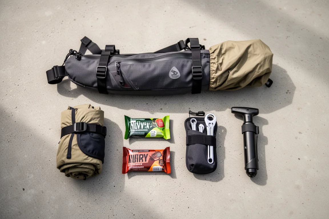 Overhead flat-lay of bikepacking bags, tools and snacks on a concrete surface