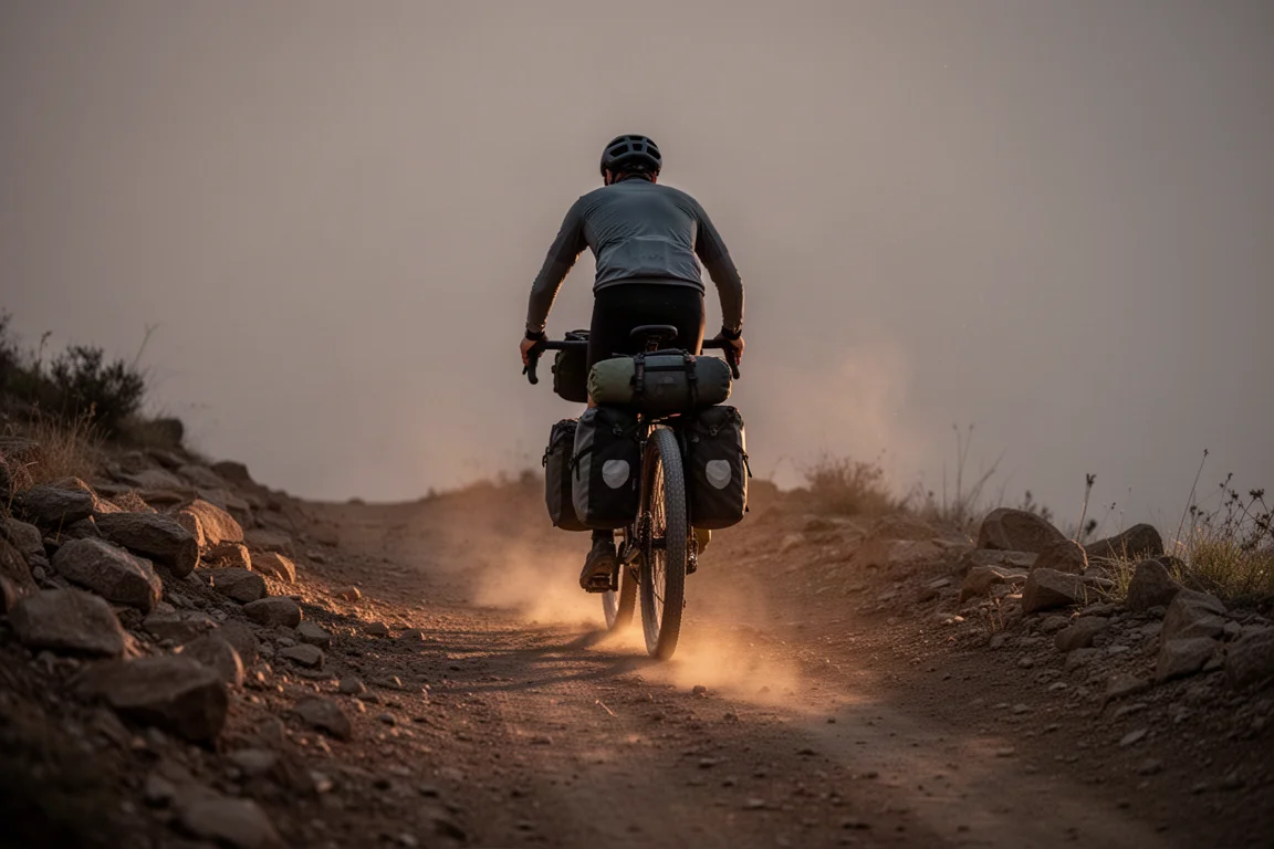 Cyclist riding a loaded gravel bike down a rocky trail at dusk