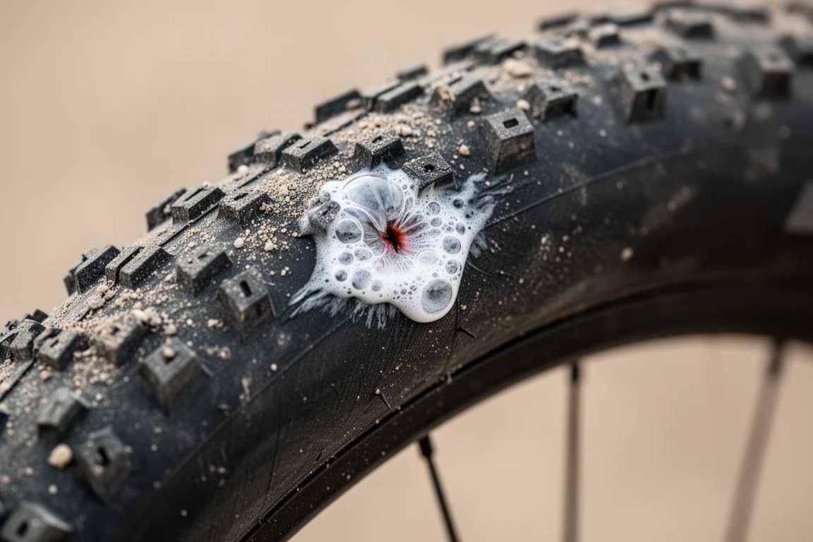 Nahaufnahme von Tubeless-Dichtmilch, die aus einem kleinen Loch schäumt