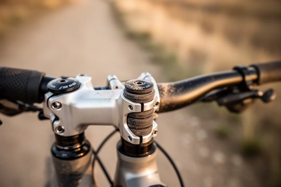 Federvorbau am Lenker eines Gravelbikes montiert, mit Staub am Gehäuse