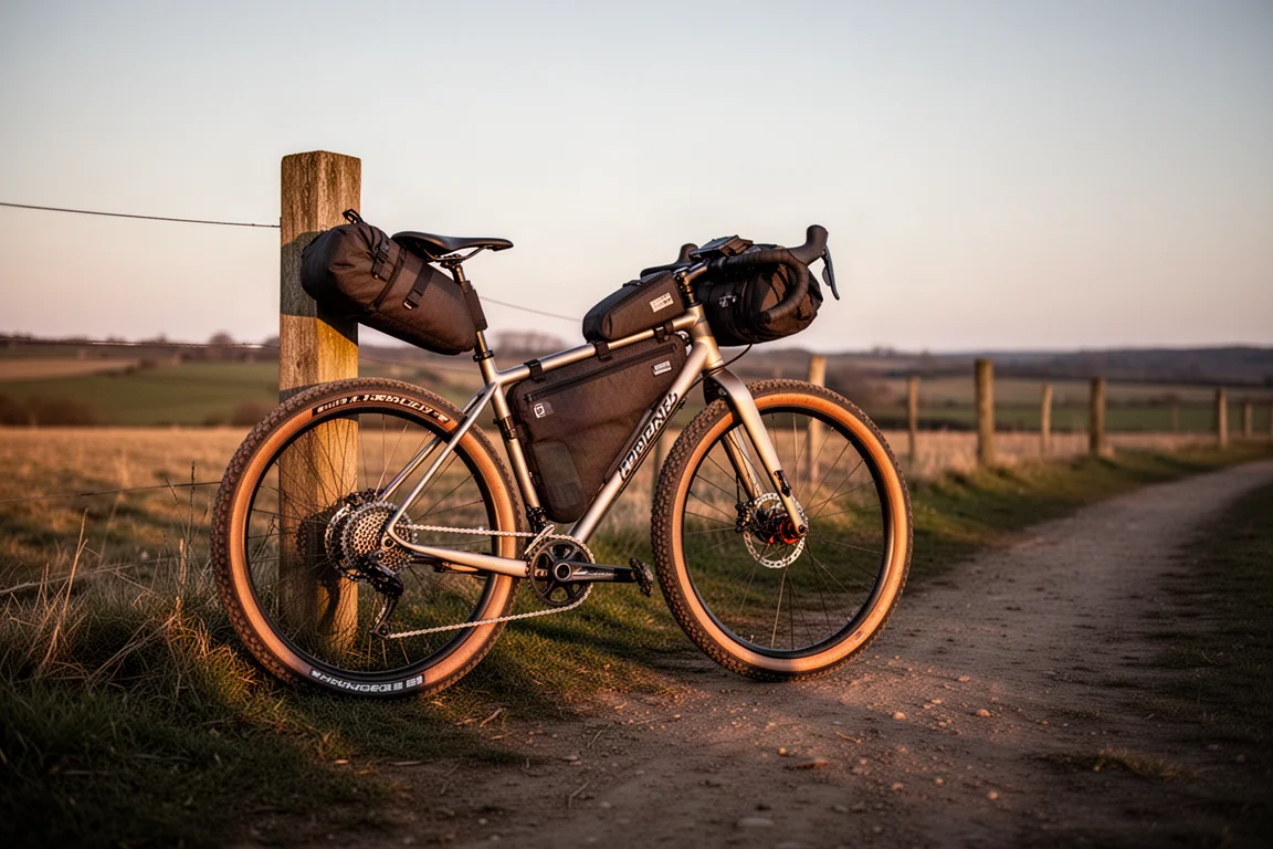 Beladenes Gravelbike lehnt im Dämmerlicht an einem Zaunpfosten auf einem Schotterweg