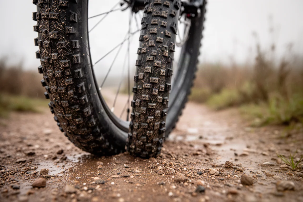 Nahaufnahme eines breiten Gravelbike-Reifens mit Stollenprofil auf feuchtem Trail