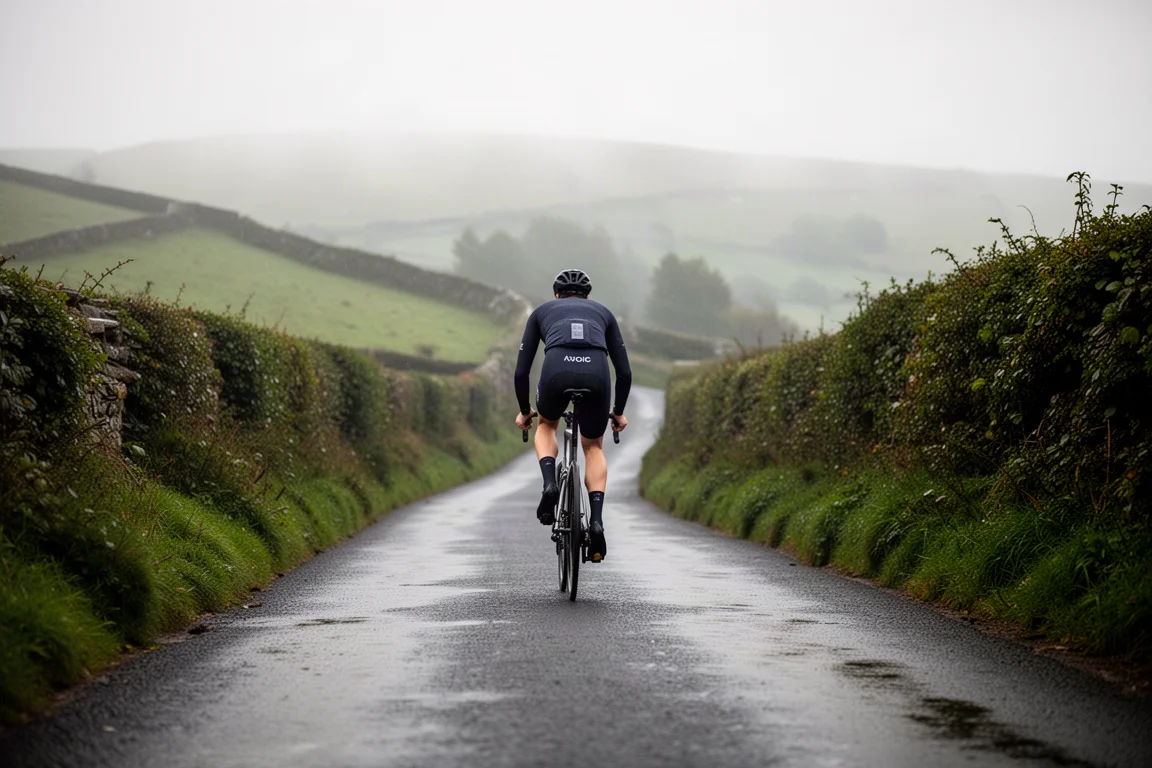 Radfahrer, der bei Morgendunst eine steile Landstraße hinauffährt