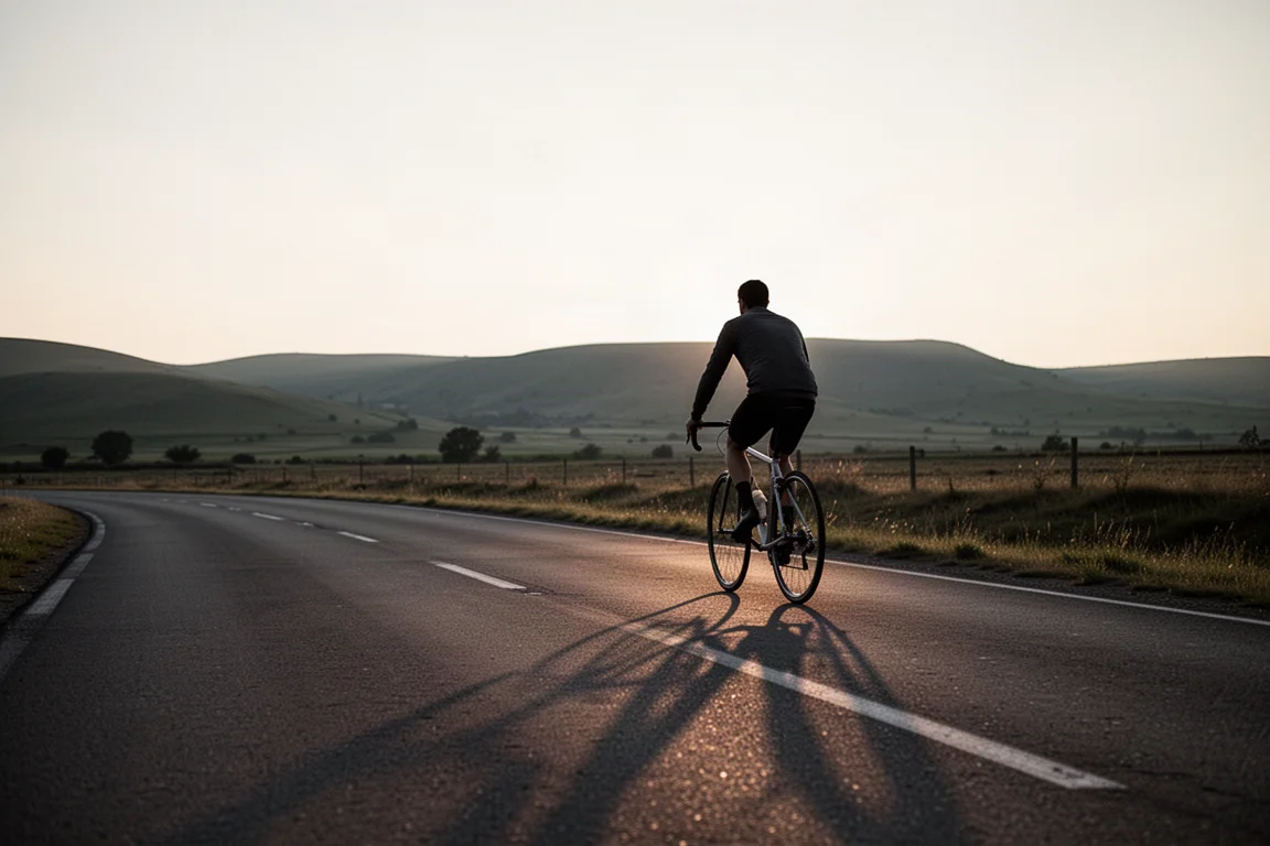 Radfahrer, der auf langer Fahrt bei Dämmerung auf offener Straße das Tempo prüft