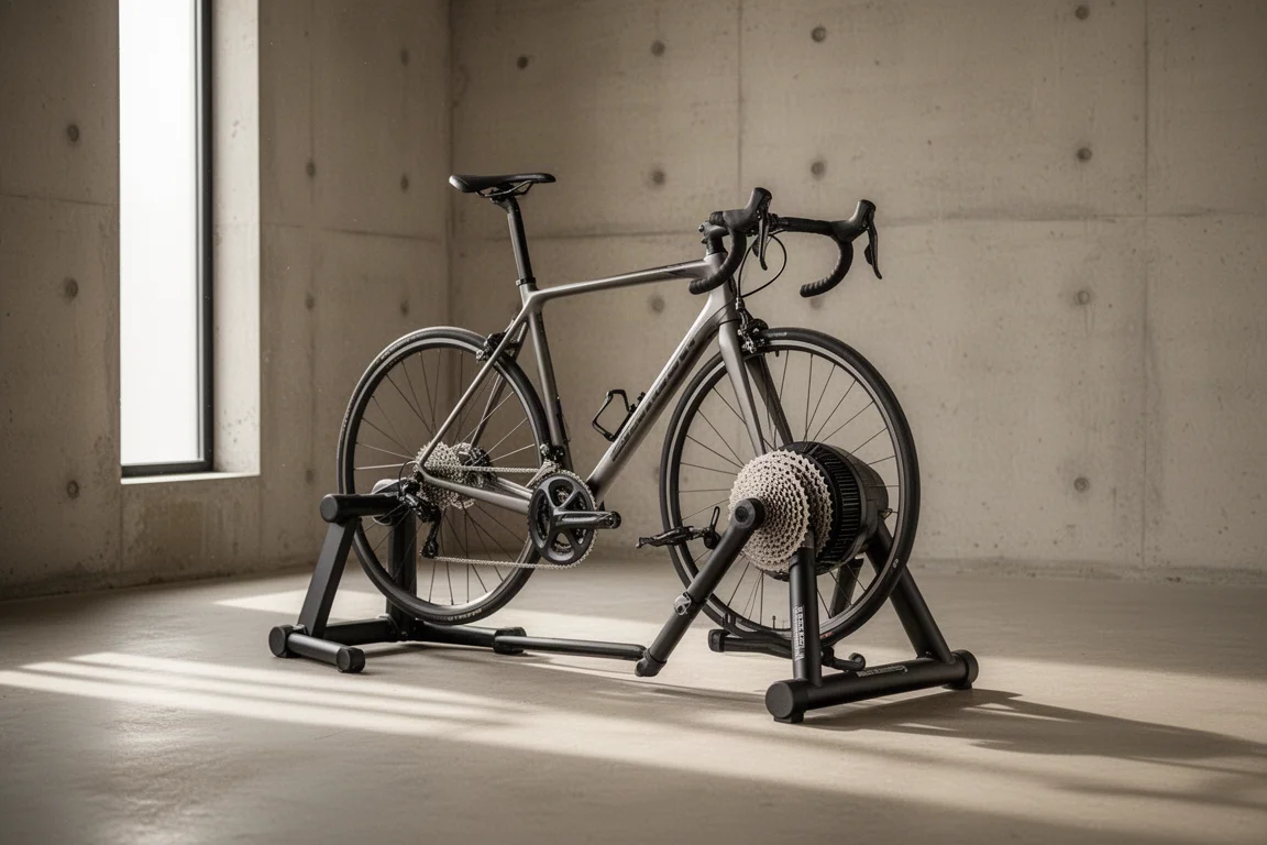 Fahrrad auf einem Indoor-Trainer in einem kargen Betonraum mit weichem Tageslicht
