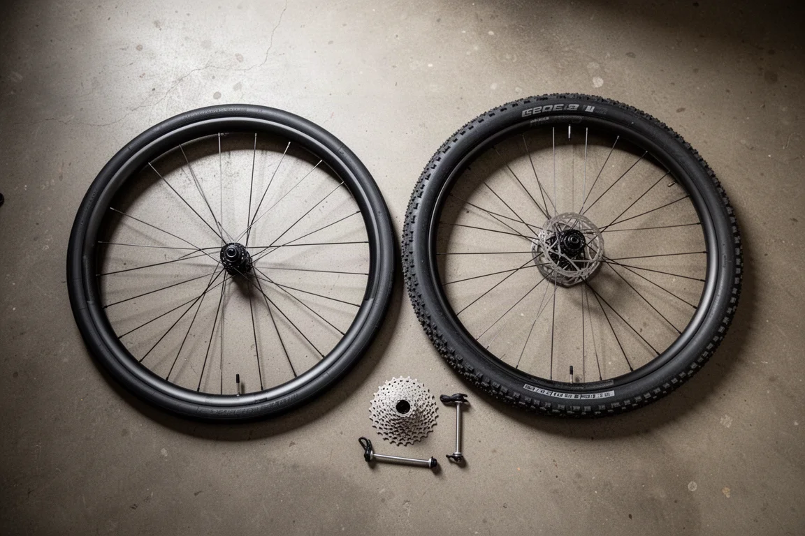 Draufsicht auf Rennrad- und Gravel-Laufräder mit Reifen auf einem Betonboden