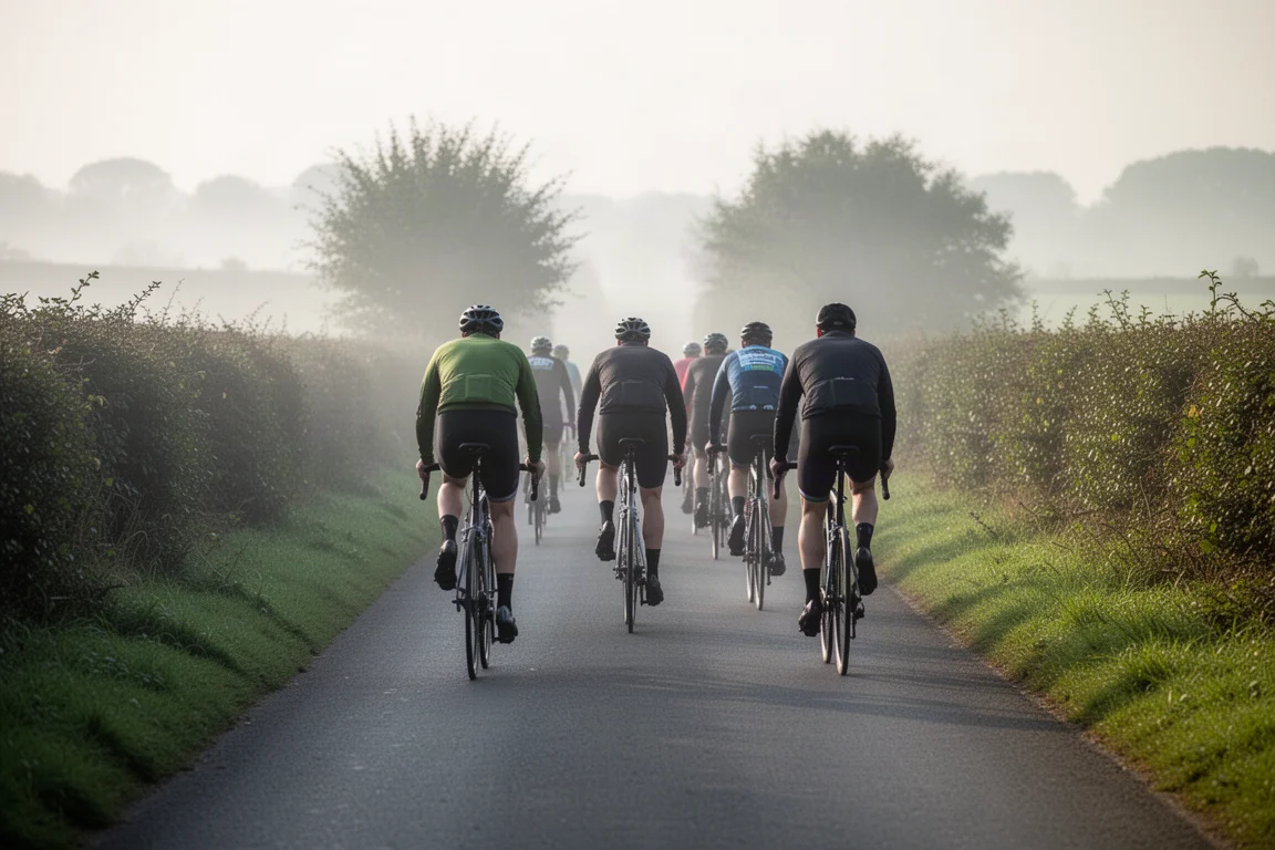 Gruppe von Radfahrern fährt im Morgengrauen einen nebligen Landweg entlang davon