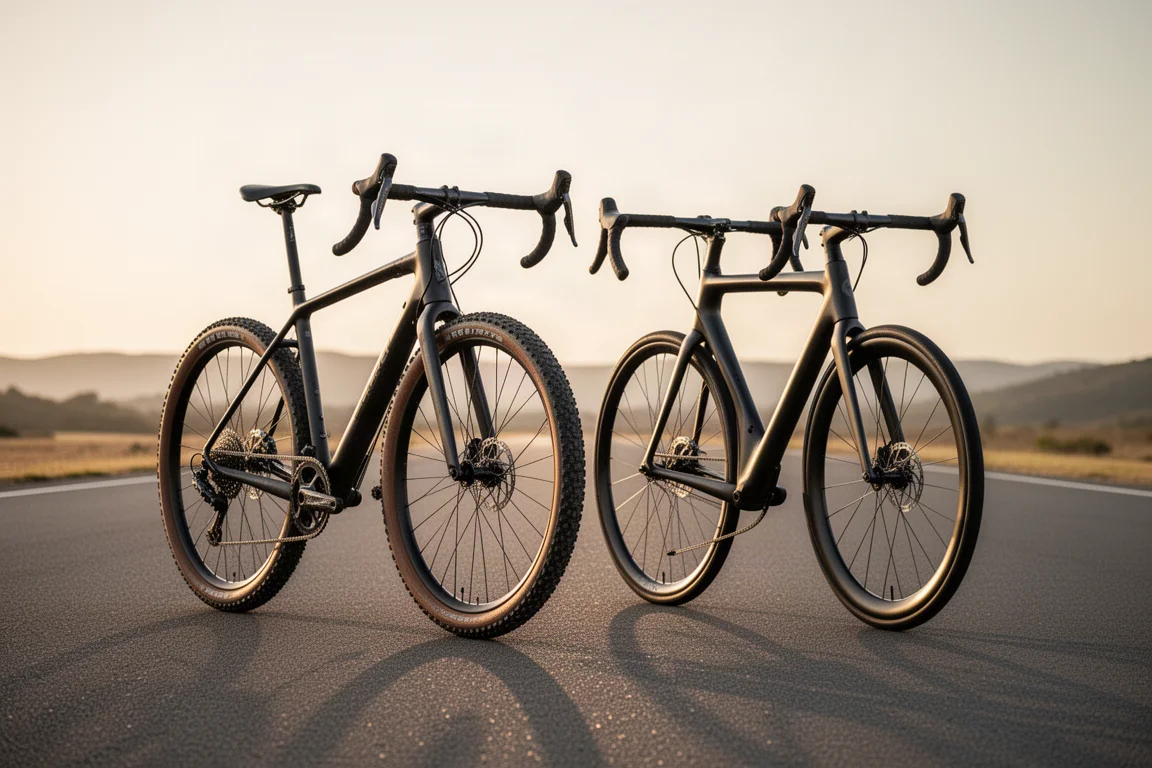 Gravelbike en racefiets naast elkaar op glad asfalt in het gouden uur