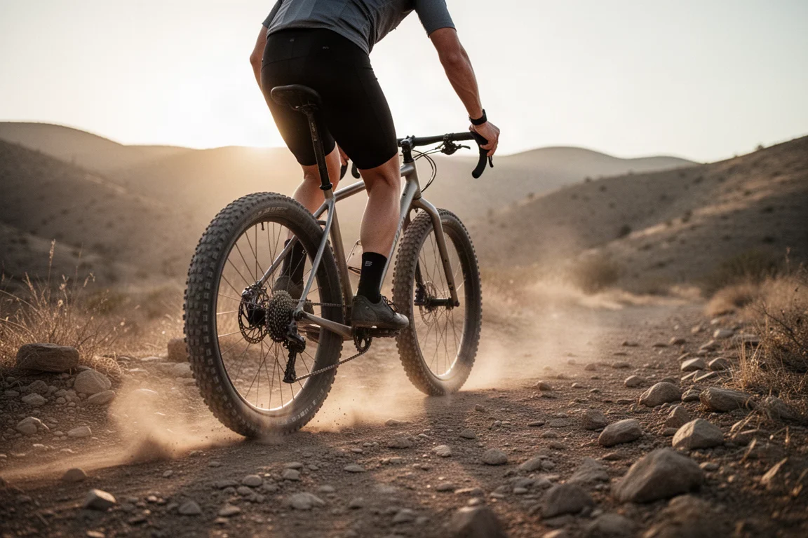 Gravel cyclist riding a rocky trail at golden hour on wide knobby tires