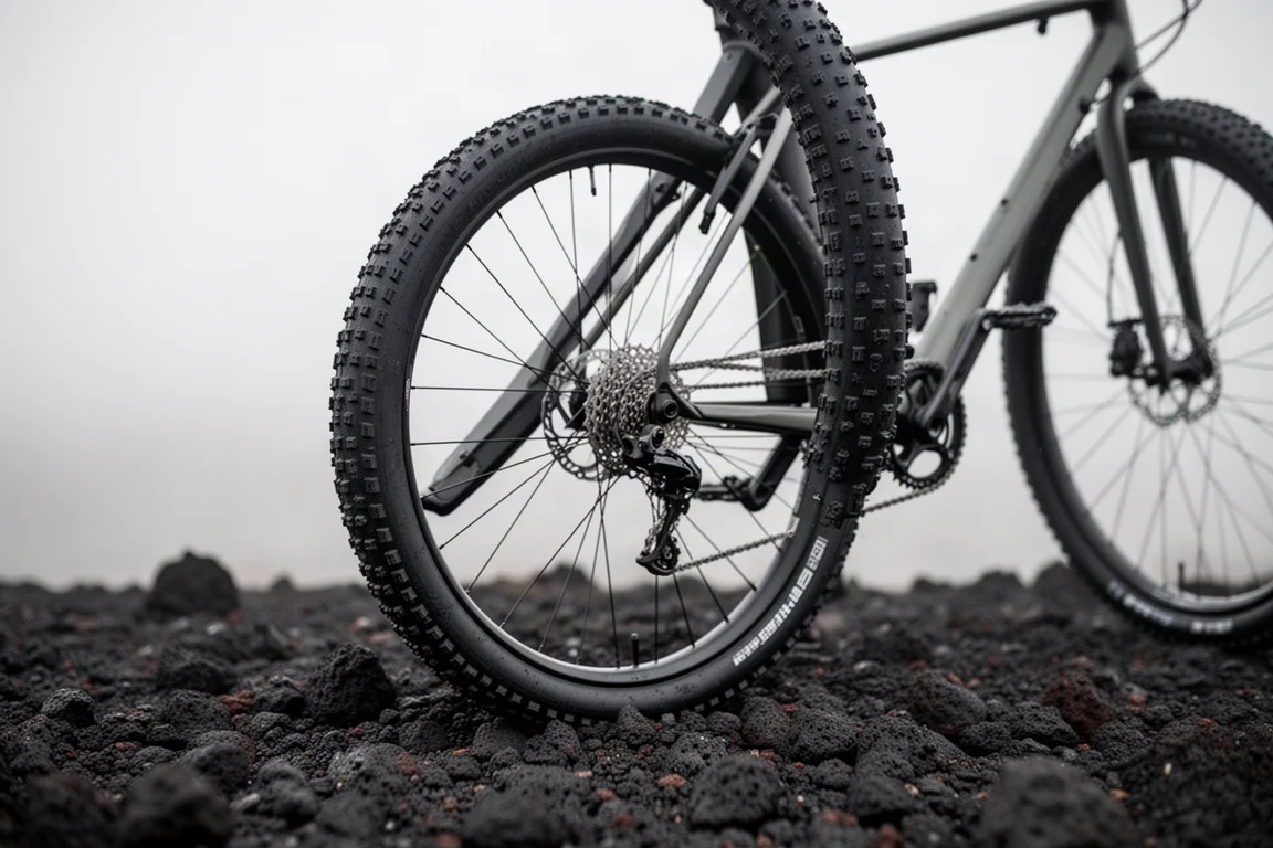 Close-up of a wide knobby tire and rear frame clearance on volcanic gravel