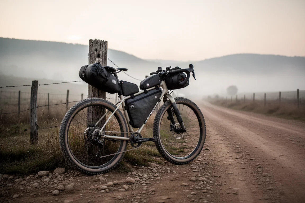 Loaded gravel bike with bikepacking bags on a remote dirt road at dawn