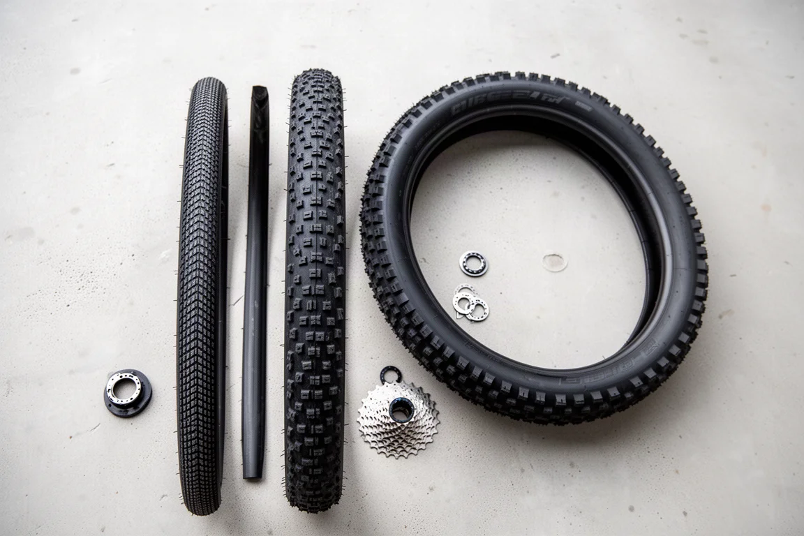 Flat-lay of a narrow gravel tire beside a wide knobby mountain bike tire