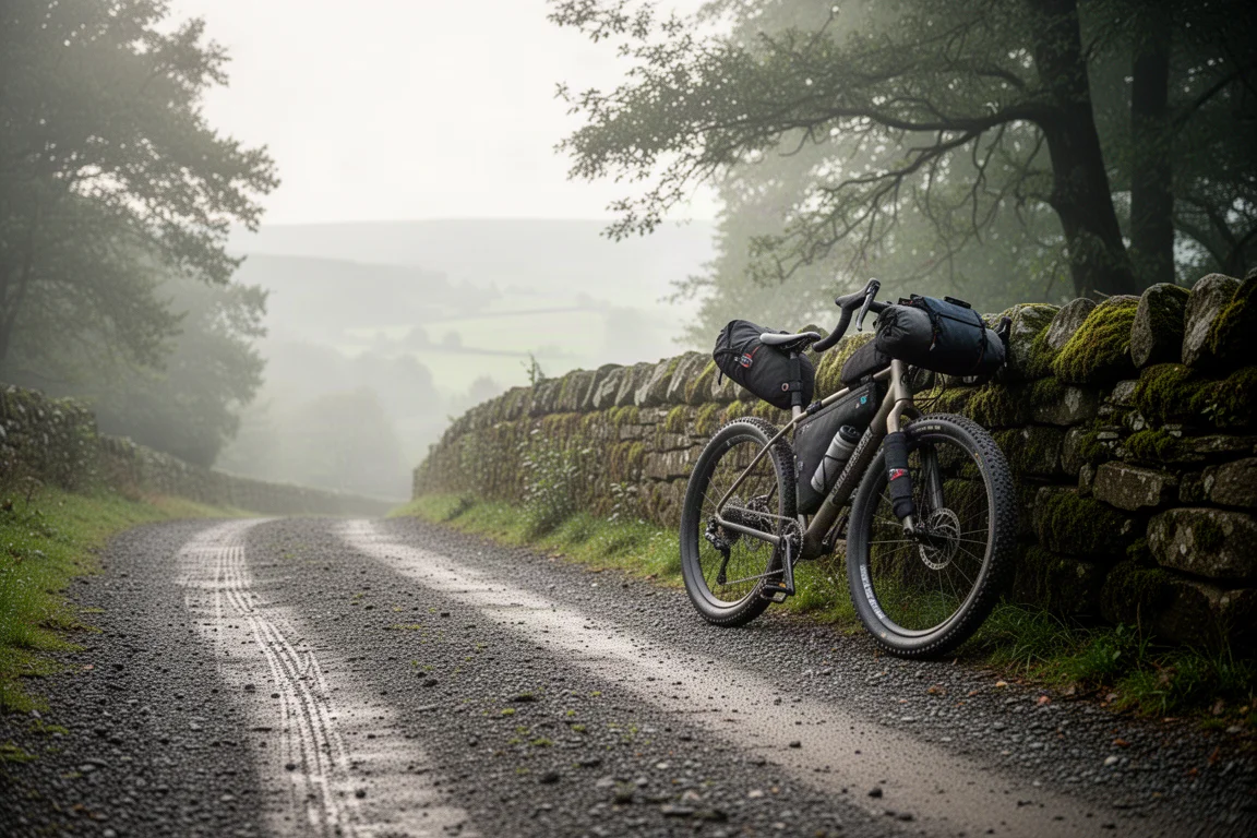 Gravel bike with bikepacking bags parked beside a tent in a rural setting