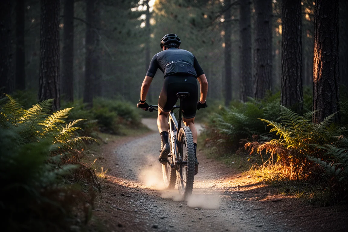 Gravel bike on a rugged trail in a mountainous landscape with river crossing