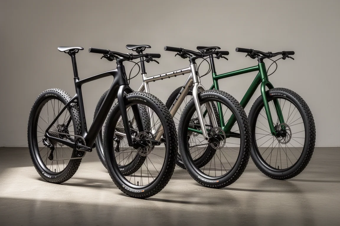 Row of five gravel bikes lined up on a concrete surface in a studio setting