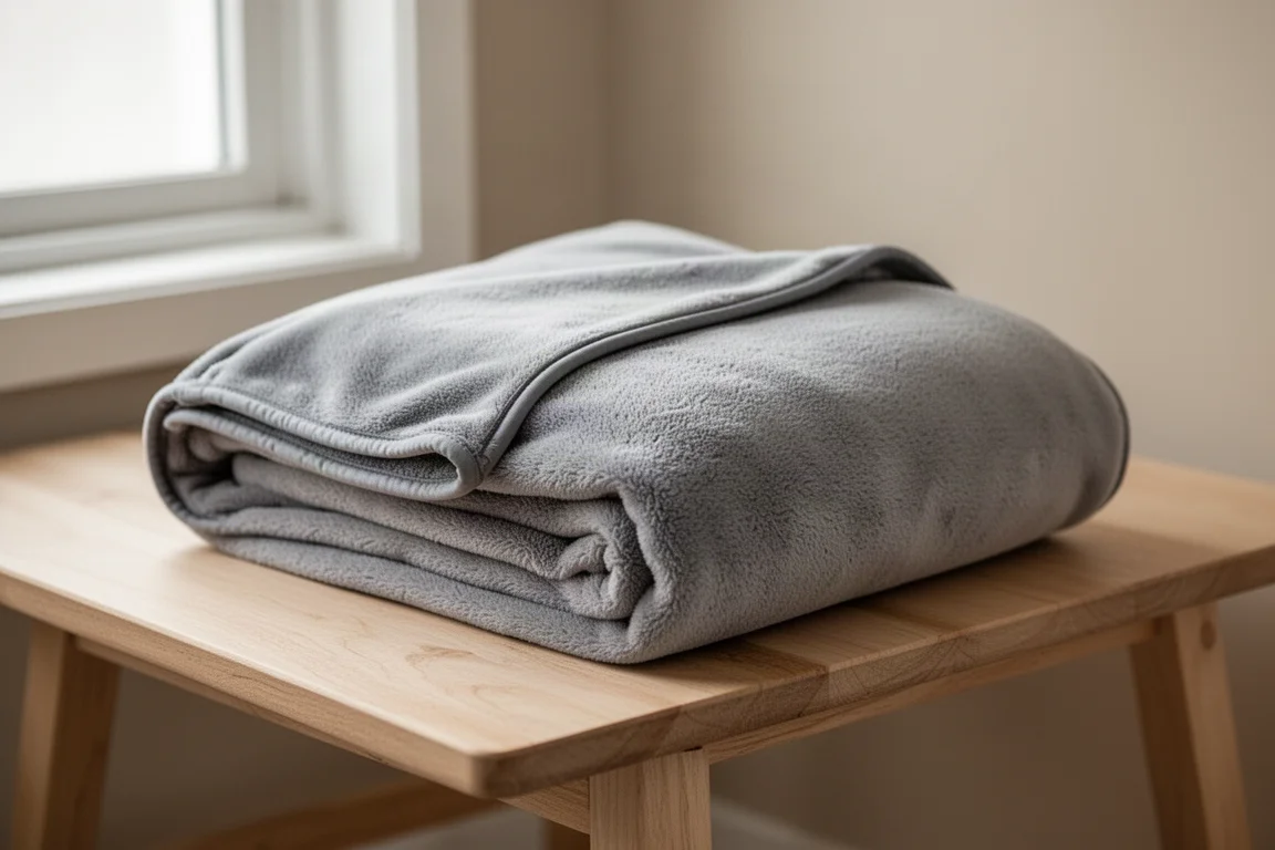 Pudrig, isolerad resefilt ihopvikt till en kudde med ett mjukt fleece-sida