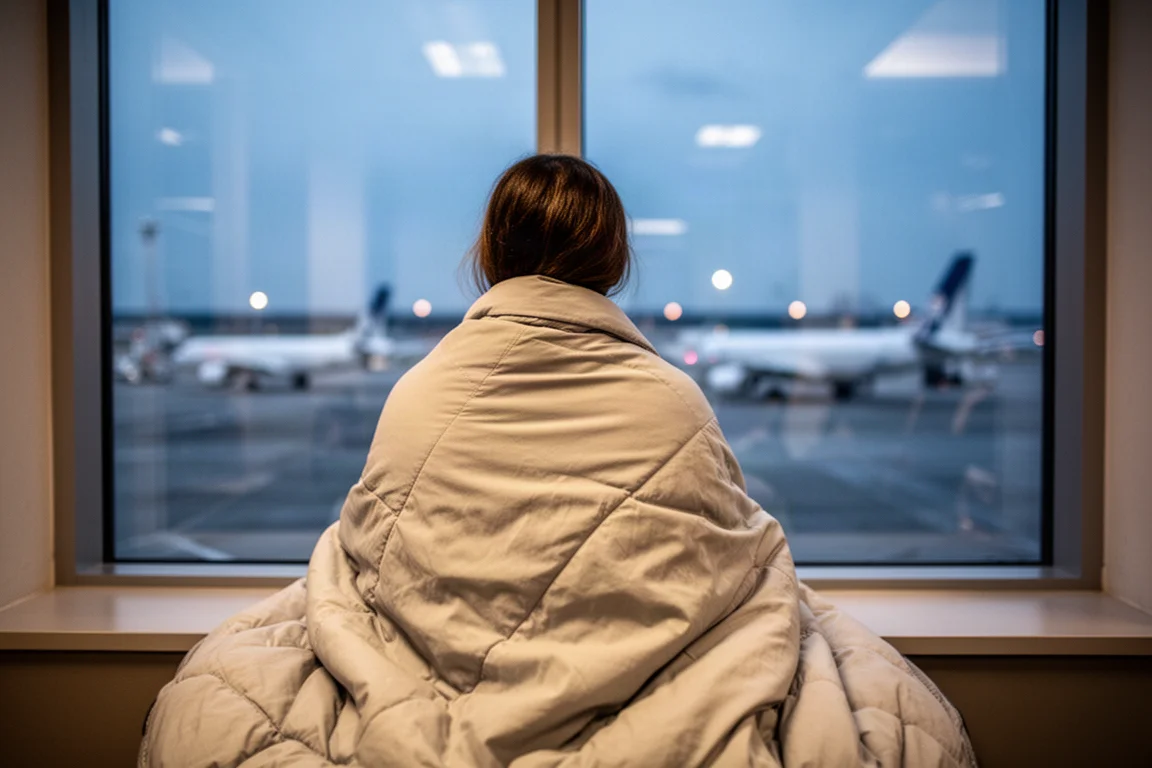 Resenär insvept i en filt sittande vid en flygplatsfönster i skymningen