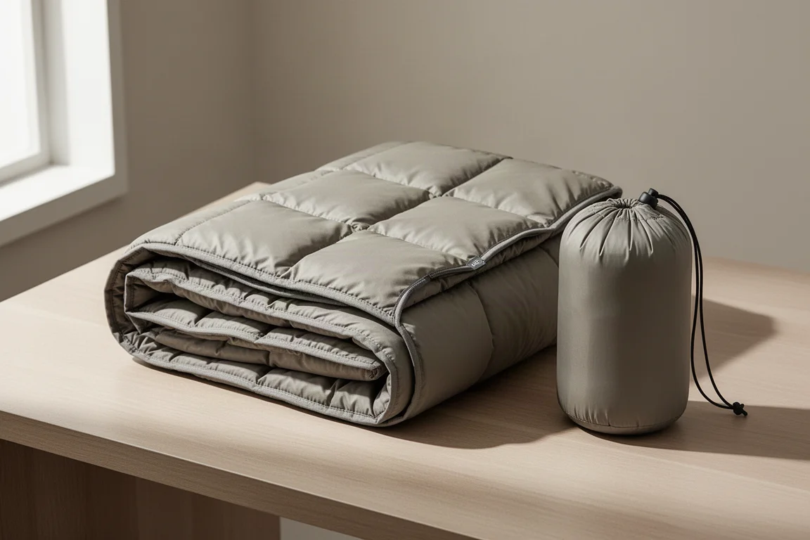 Coperta da viaggio piumata parzialmente aperta accanto al suo piccolo sacco di compressione su una superficie in legno