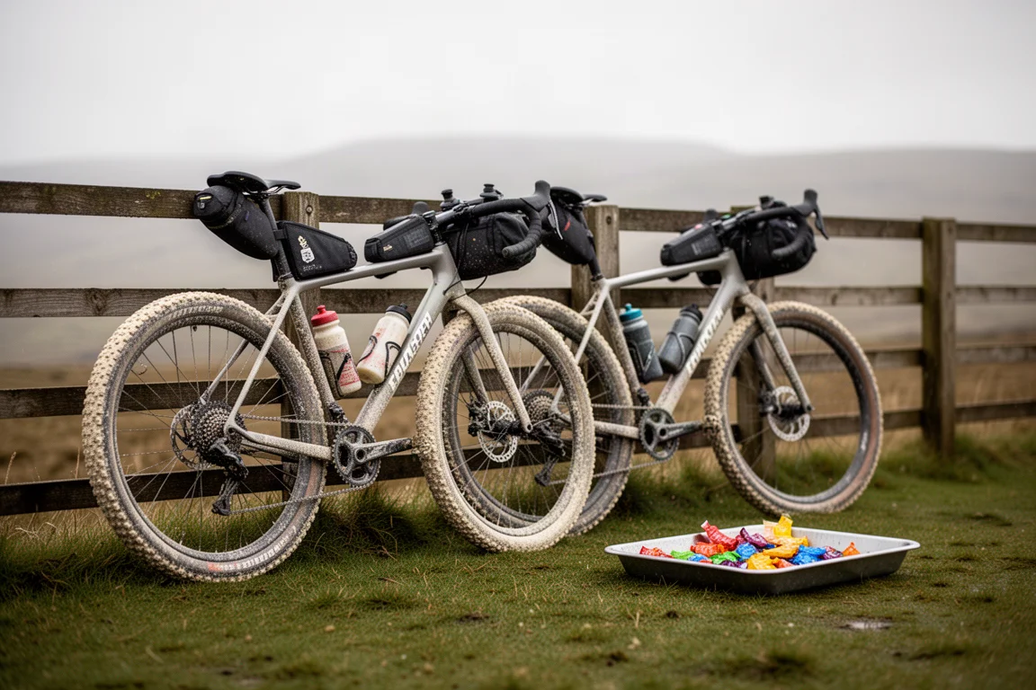 Gravel bikes leaning on a fence beside a hillside feed station