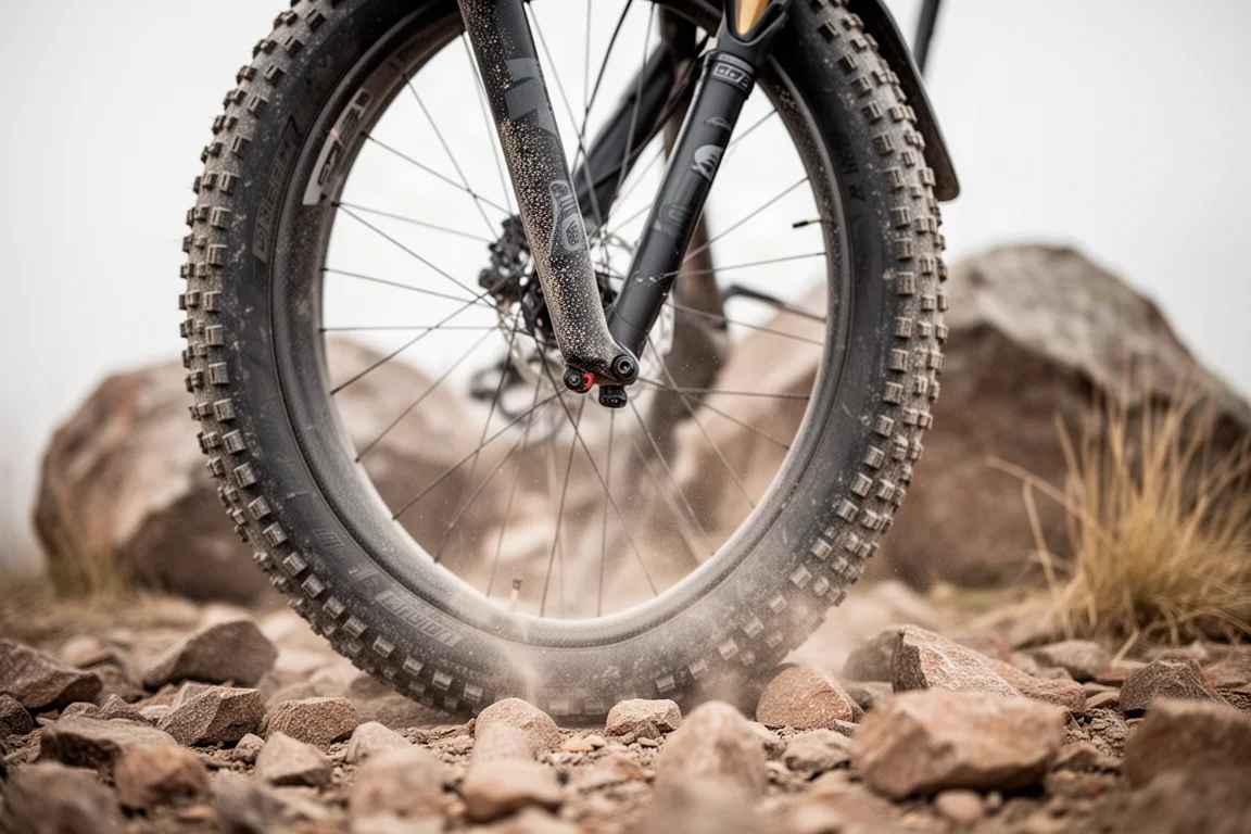 Close-up of a gravel suspension fork and wide knobby tire on rocky ground