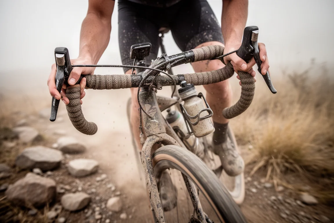 Hands on wide gravel drop bars with thick bar tape on a rough descent