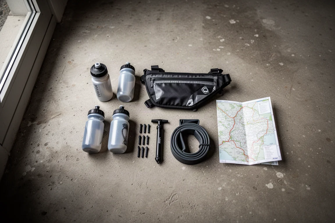 Flat-lay of gravel race kit including bottles, pump and tire plugs