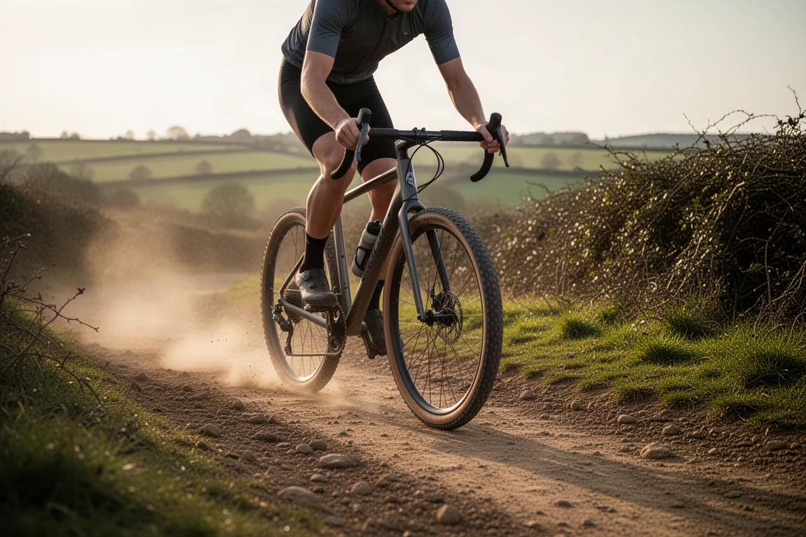 Ciclista de gravel subindo uma pista solta e compactada em campo aberto