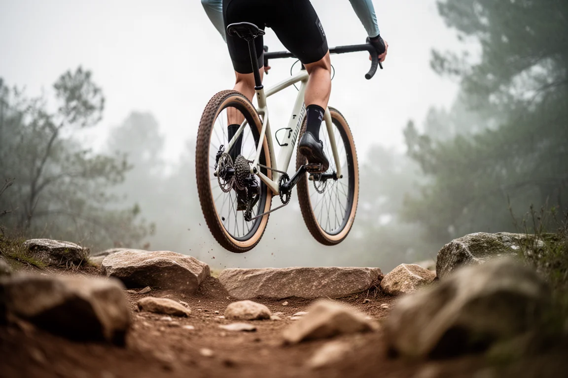 Roda traseira de uma bike de gravel leve levantada sobre um obstáculo rochoso na trilha