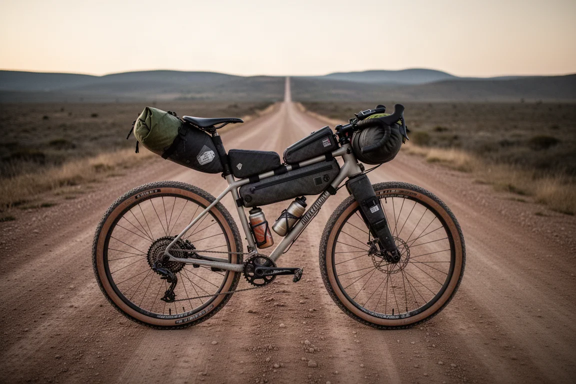 Bicicleta de gravel carregada com bolsas de bikepacking em uma longa estrada não pavimentada