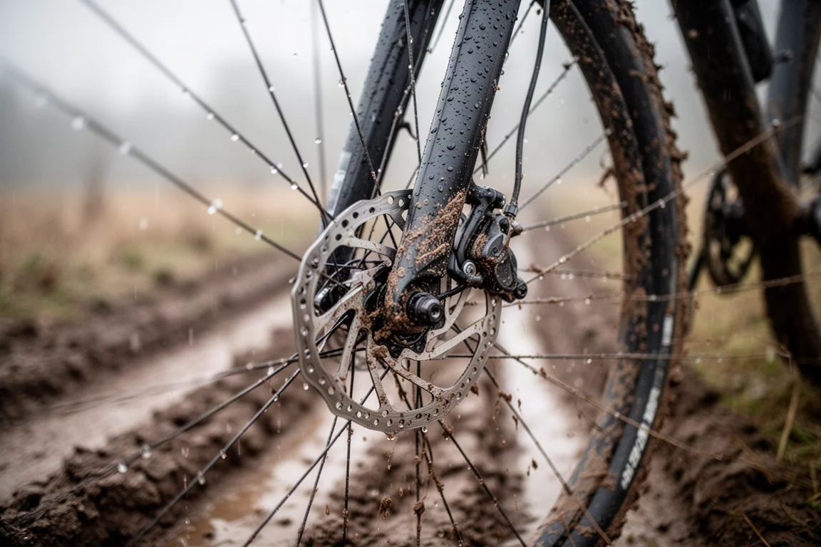 Close-up de um pneu e freio de bicicleta de gravel em uma pista molhada e enlameada