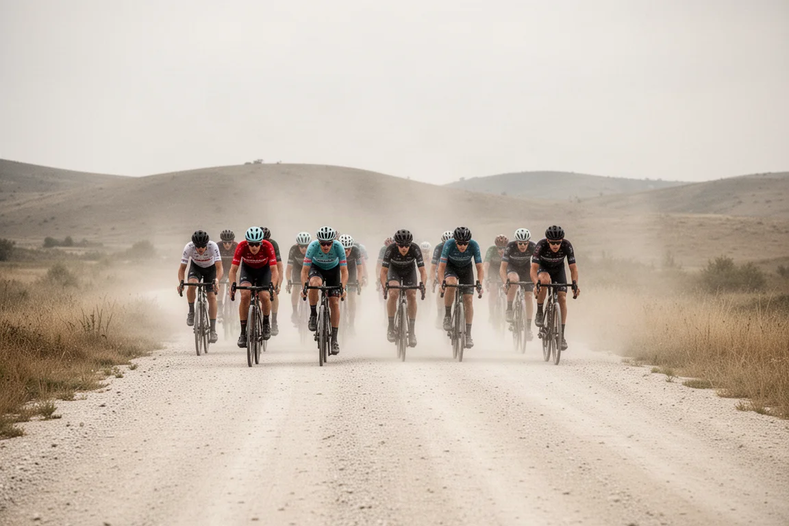 Corridori gravel sparsi su un'ampia strada sterrata polverosa in pieno giorno