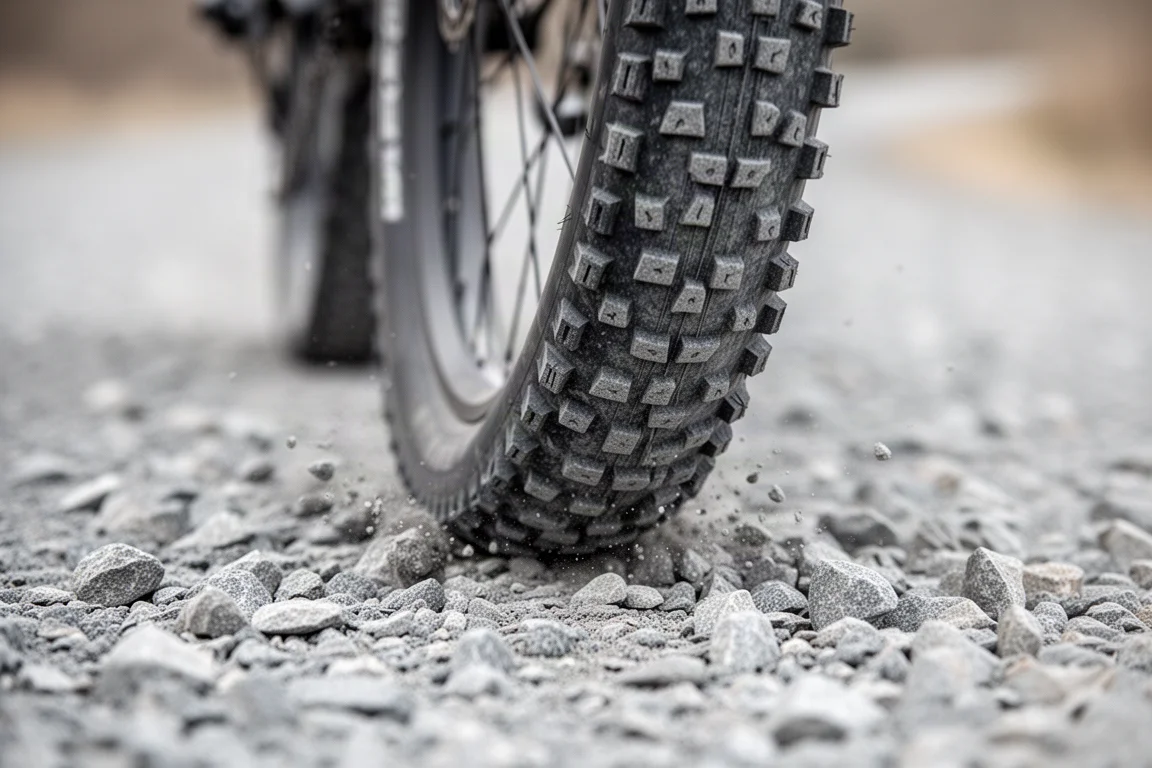 Primo piano di un copertone tassellato da mountain bike che morde il ghiaione su una strada sconnessa