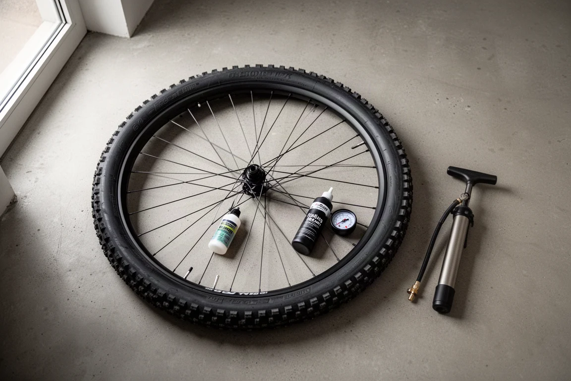 Flat lay dall'alto di una ruota gravel larga, copertone, bottiglia di sigillante e manometro