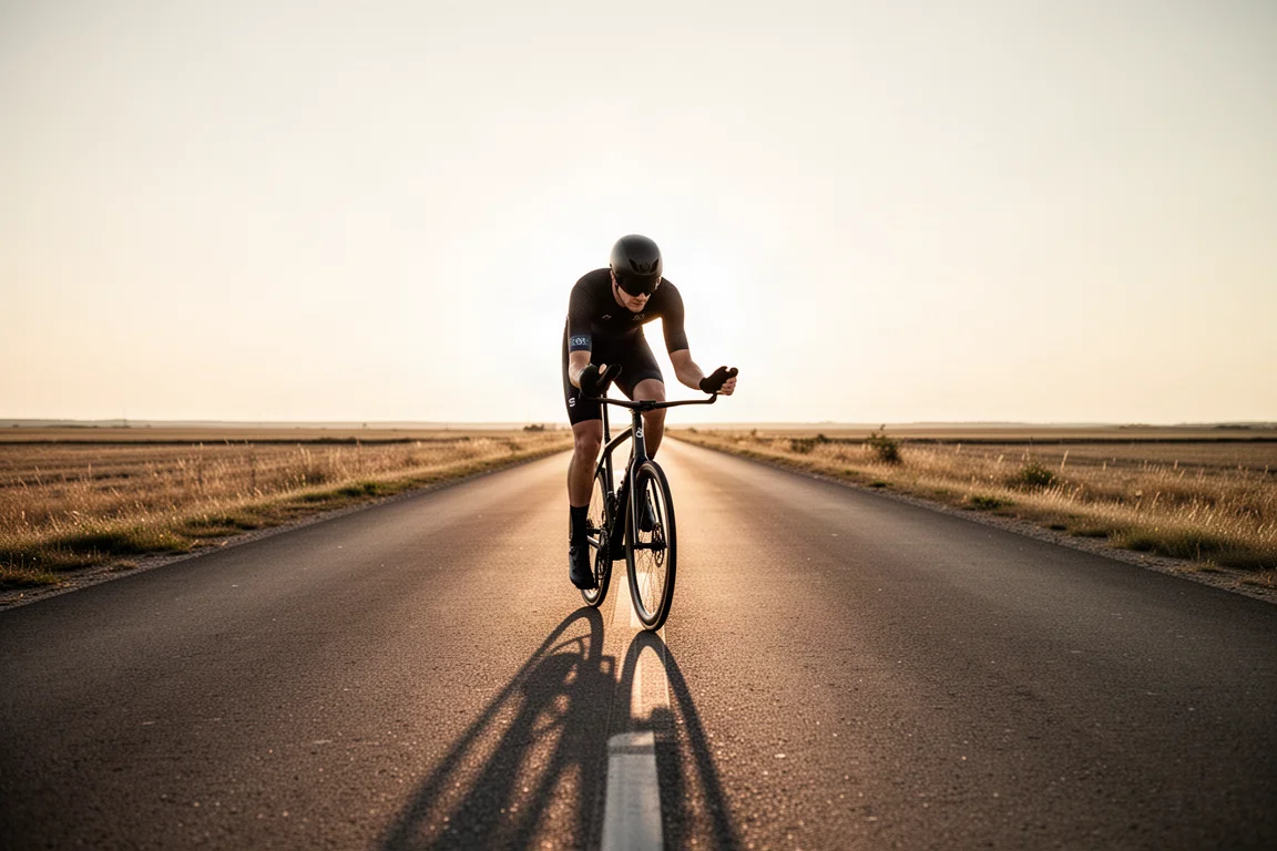 Ciclista gravel su una lunga strada dritta all'ora d'oro in posizione aerodinamica sulle leve